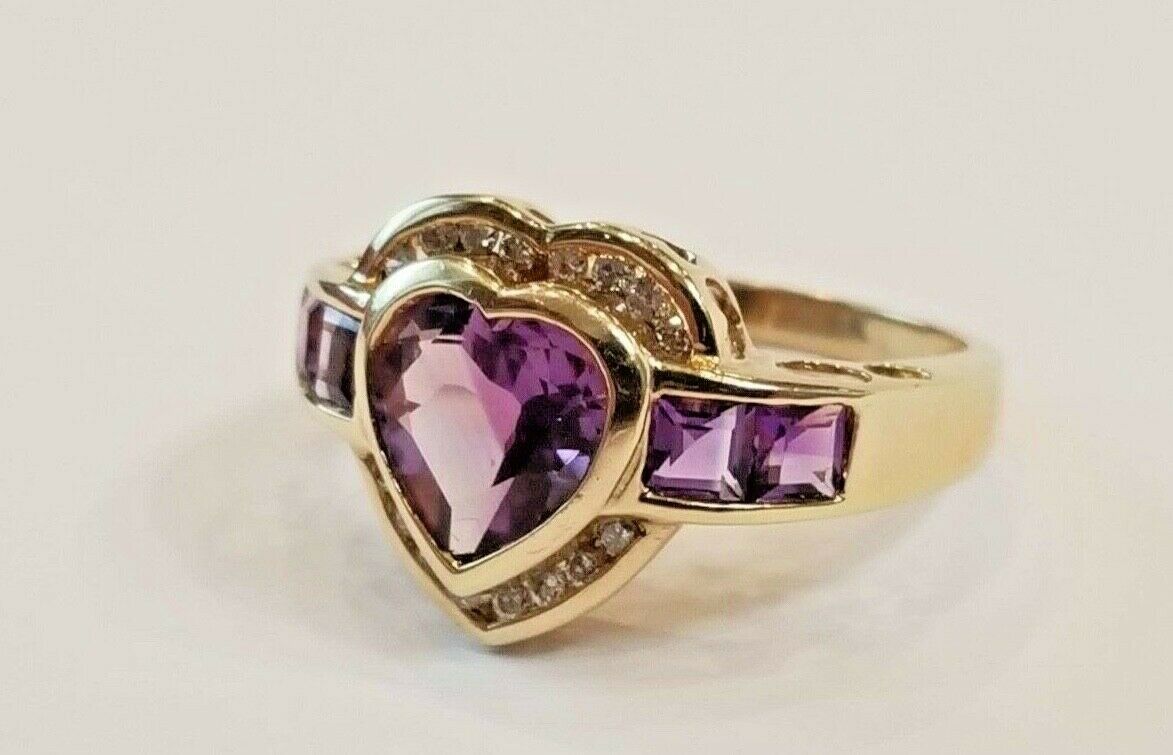 Heart Amethyst Diamonds 14K Yellow Gold Ring