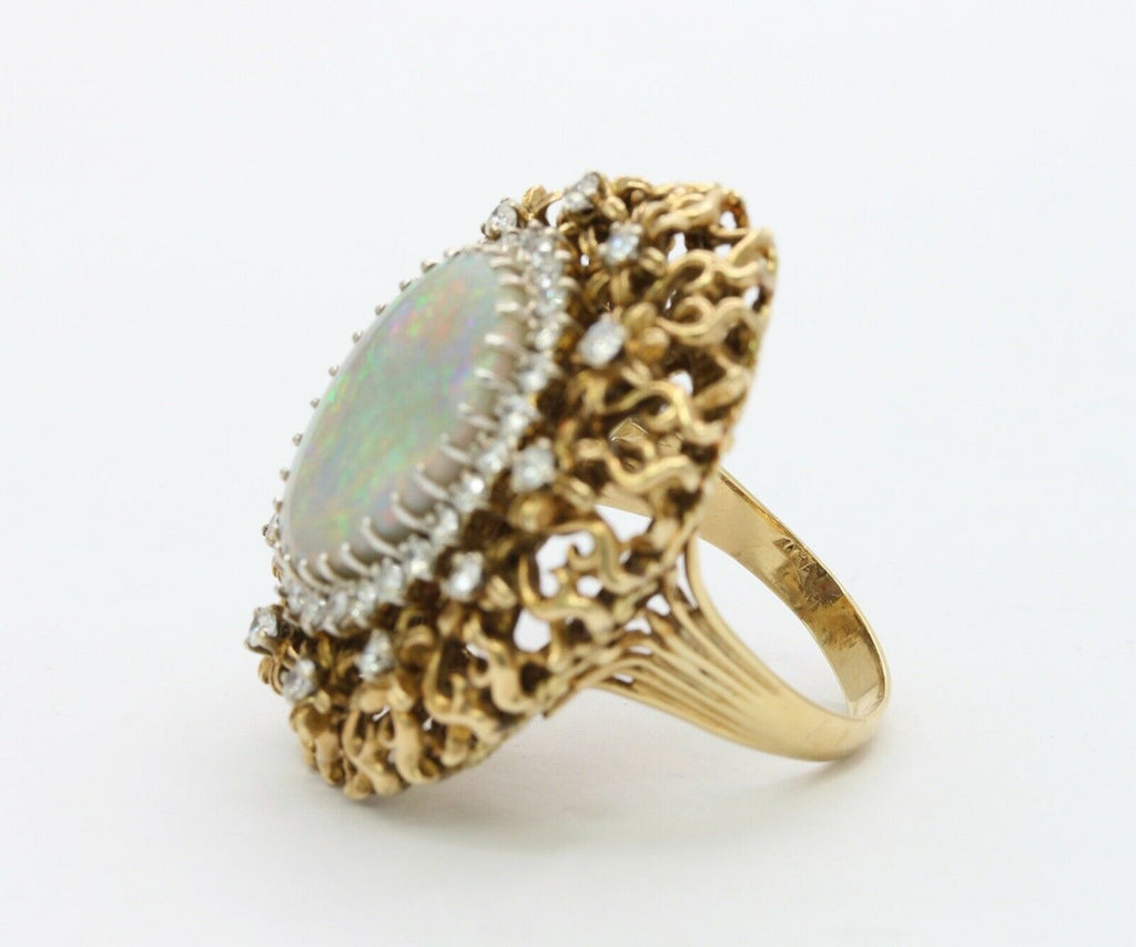 Large Vintage Ladies Opal Diamonds 14K Yellow Gold Statement Ring