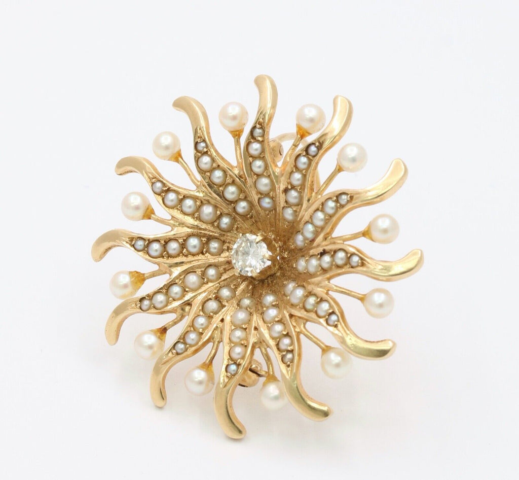 Antique Sunburst Diamonds Seed Pearls Brooch Pendant