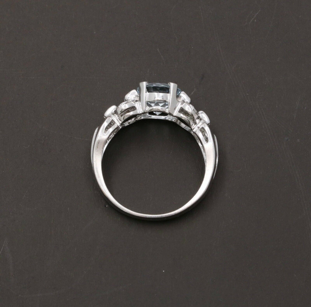 Vintage 14K White Gold Aquamarine Diamond Ring Band, Engagement Ring.
