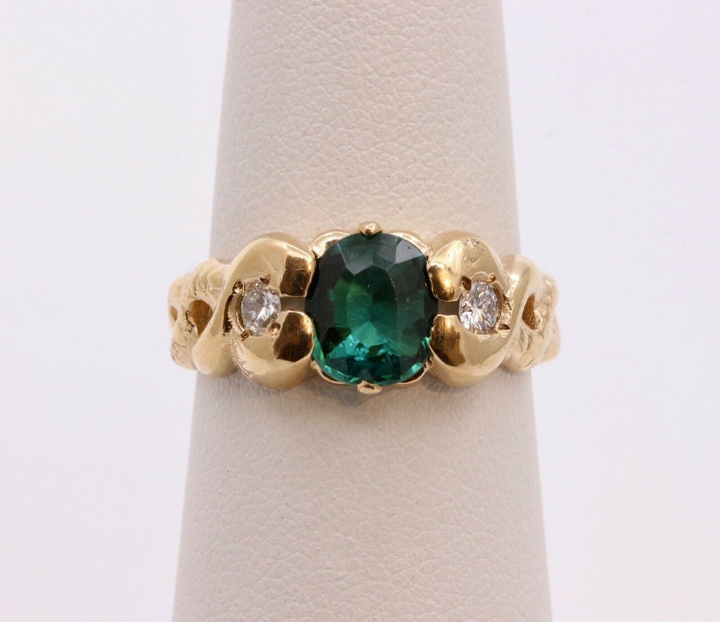 Pretty Vintage Green Tourmaline Diamonds 14K Yellow Gold Ring