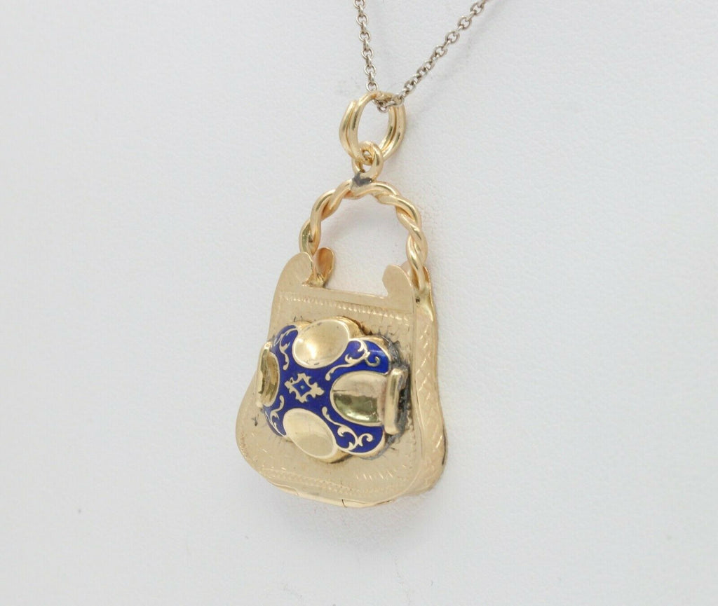 Vintage 14K Yellow Gold Enamel Opening Purse Pendant