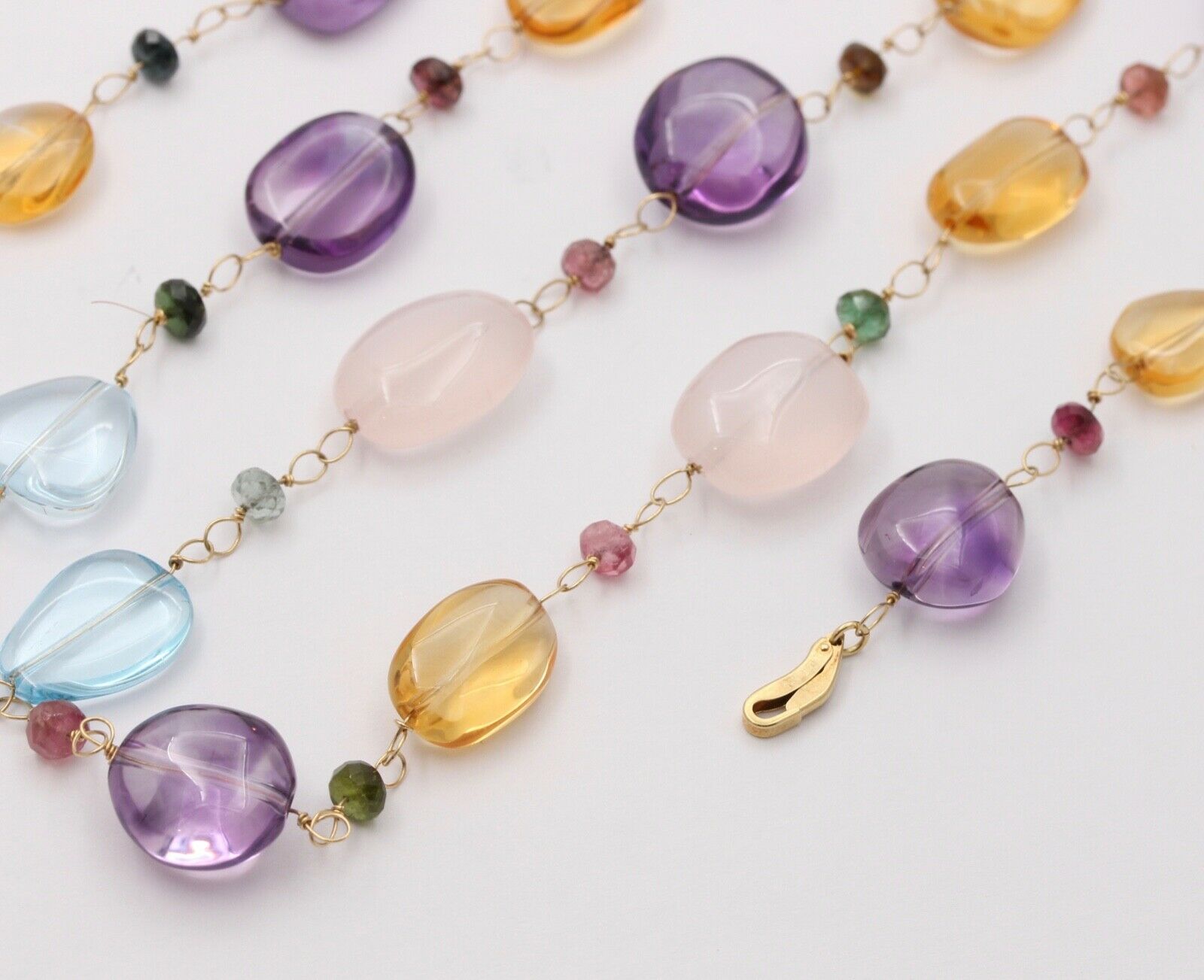 Colorful 14K Yellow Gold Beaded Multi Color Gemstone Necklace.