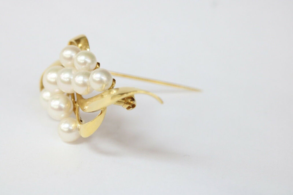 Vintage Mikimoto 18K Yellow Gold Akoya Pearls Brooch