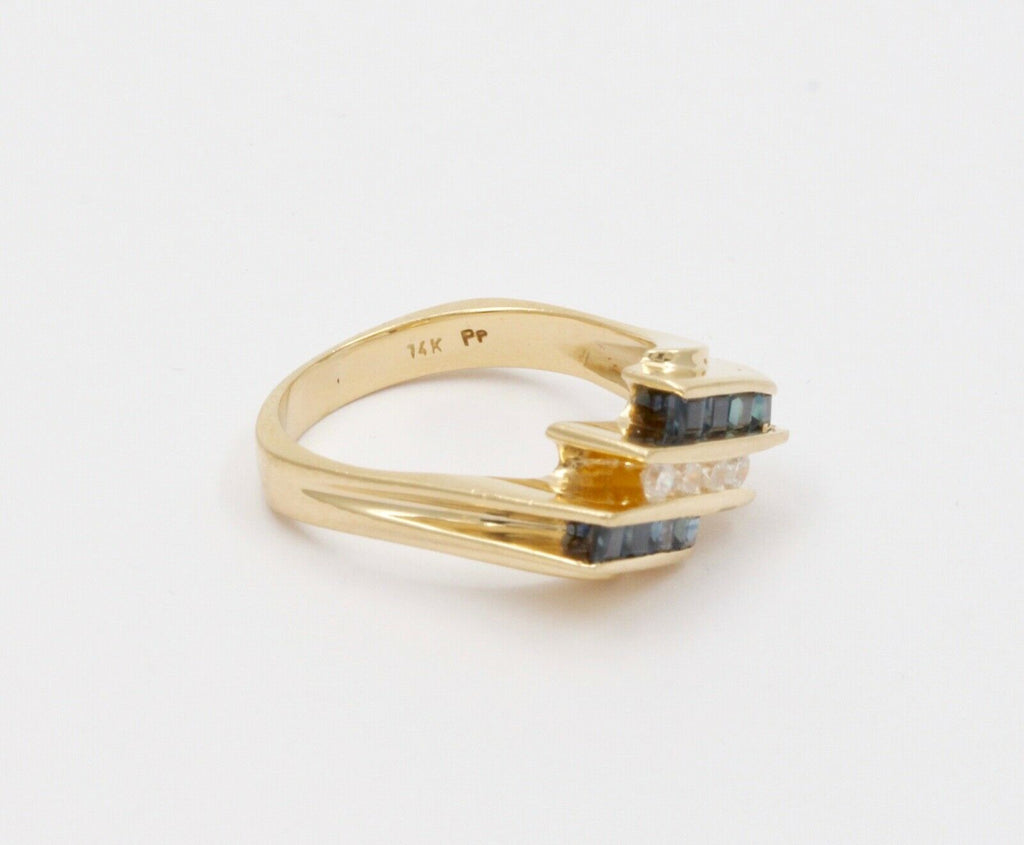 Vintage Geometric Bypass Diamonds Sapphires 14K Yellow Gold Ring