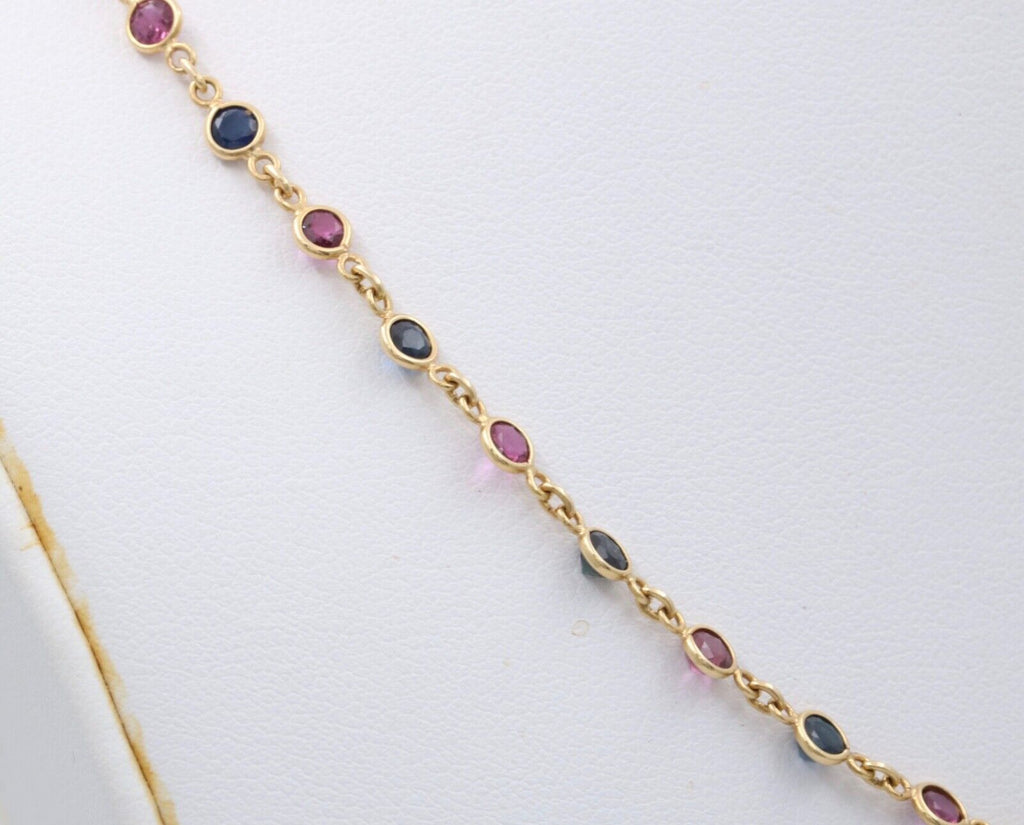 Vintage 14K Yellow Gold Ruby And Sapphire By The Yard Necklace. Station Necklace