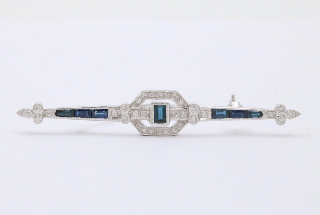 Vintage Art Deco Style 18K White Gold Diamond and Sapphire Bar pin, Brooch