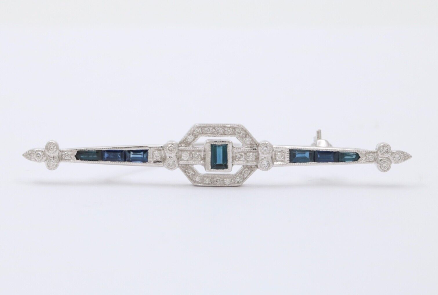 Vintage Art Deco Style 18K White Gold Diamond and Sapphire Bar pin, Brooch