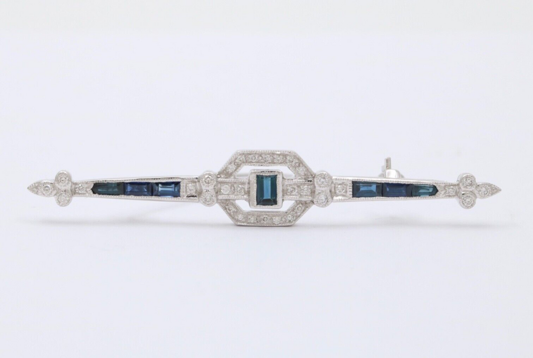 Vintage Art Deco Style 18K White Gold Diamond and Sapphire Bar pin, Brooch