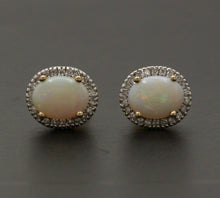 Load image into Gallery viewer, Vintage Estate 14K Yellow Gold Opal With Diamond Halo Stud Earrings.
