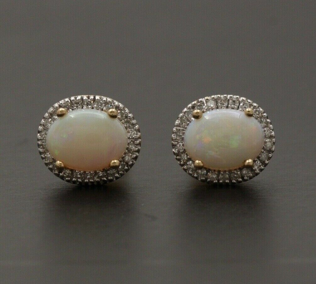 Vintage Estate 14K Yellow Gold Opal With Diamond Halo Stud Earrings.