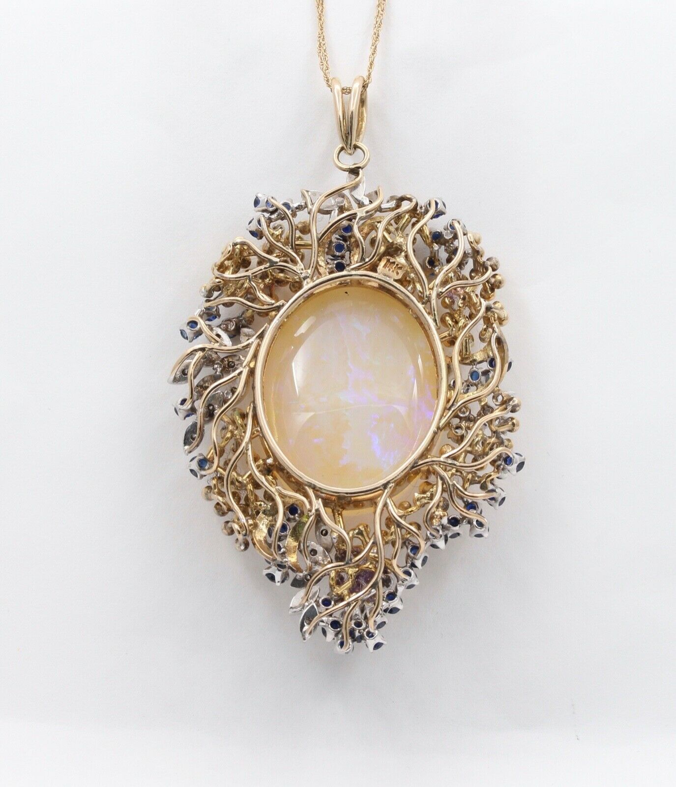 Vintage 14K Yellow Gold Giant Opal Diamond Sapphire Grape Pendent