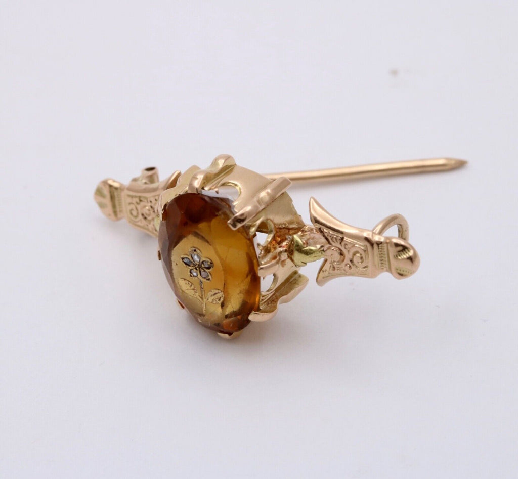 Antique Victorian 14K Yellow Gold Citrine flower Bar Pin.