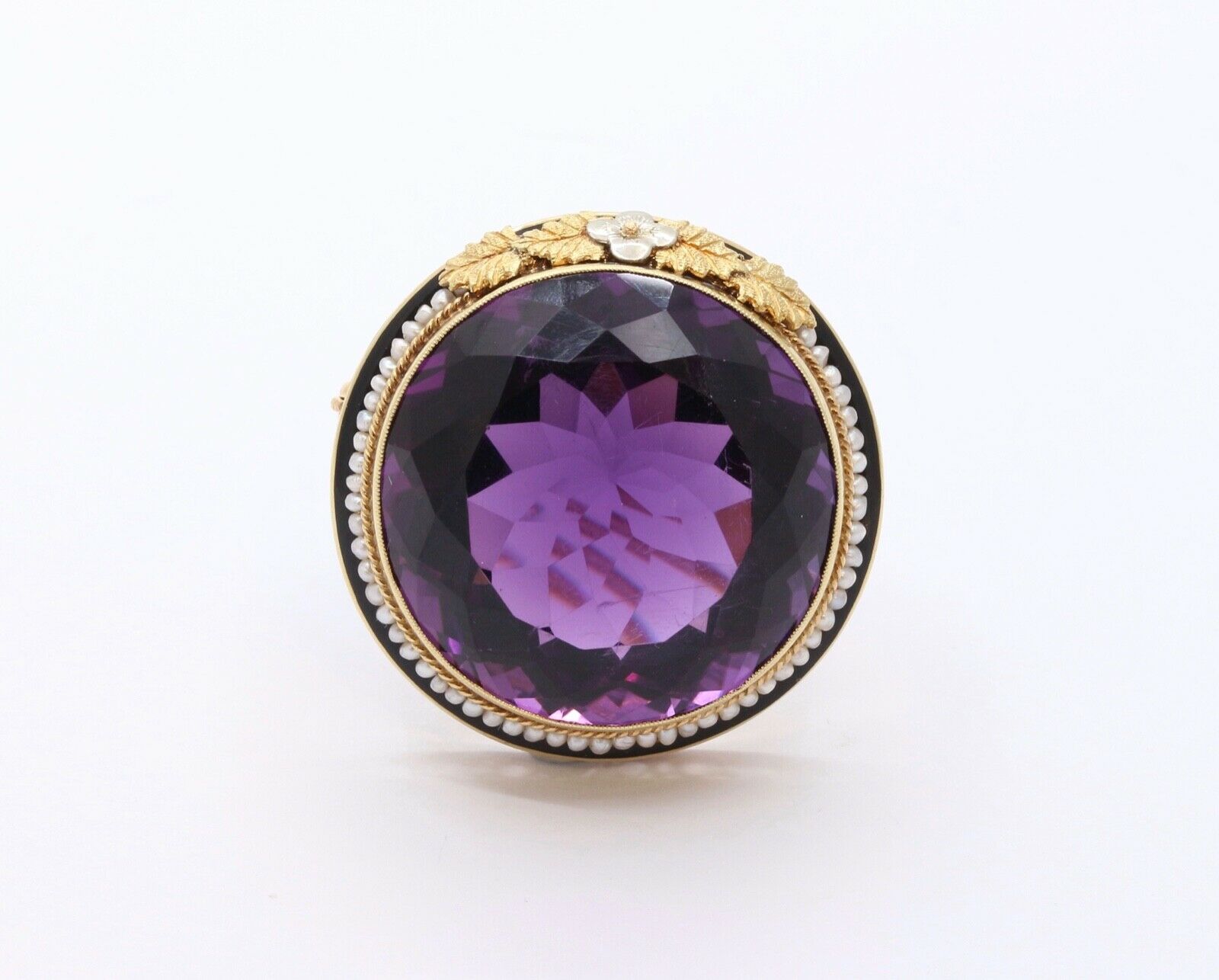 Victorian Edwardian Siberian Amethyst Pearls 14K Yellow White Gold Brooch Pin