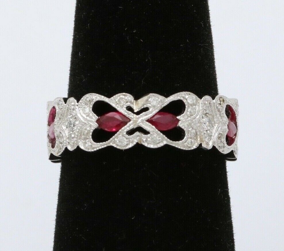 Vintage 18K White Gold Ruby & Diamond Half Eternity Heart Band Ring