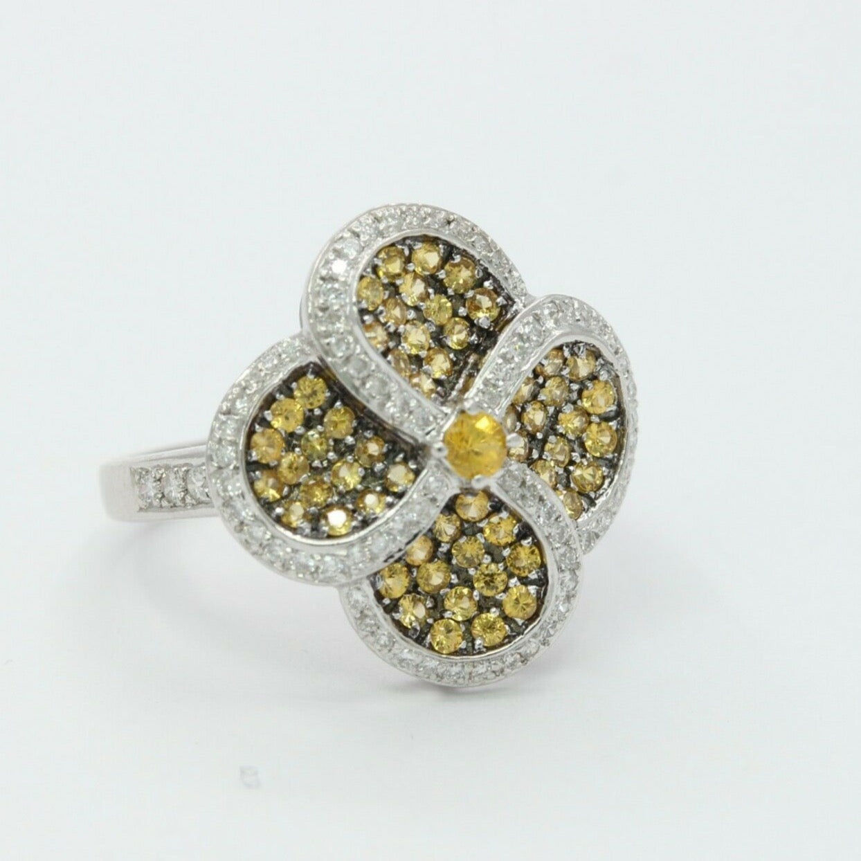Vintage 18K White Gold Yellow & White Diamond Four Leaf Ring