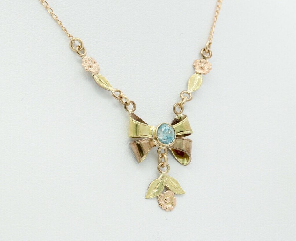 Retro Blue Zircon 10K Rose Yellow Gold Flowers Pendant Chain