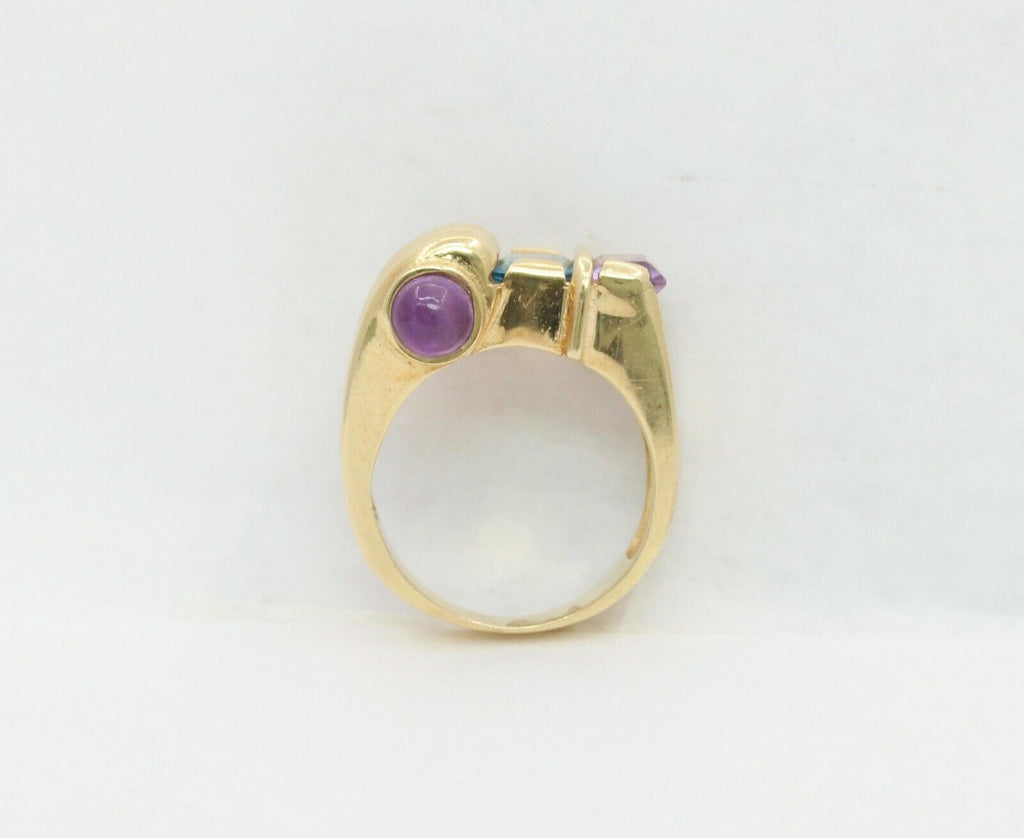 Vintage 14K Yellow Gold Abstract Scroll Blue Topaz & Amethyst Ring