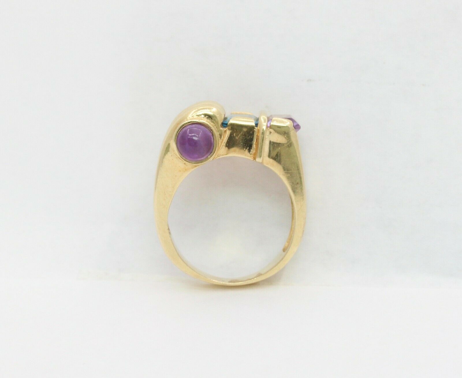 Vintage 14K Yellow Gold Abstract Scroll Blue Topaz & Amethyst Ring