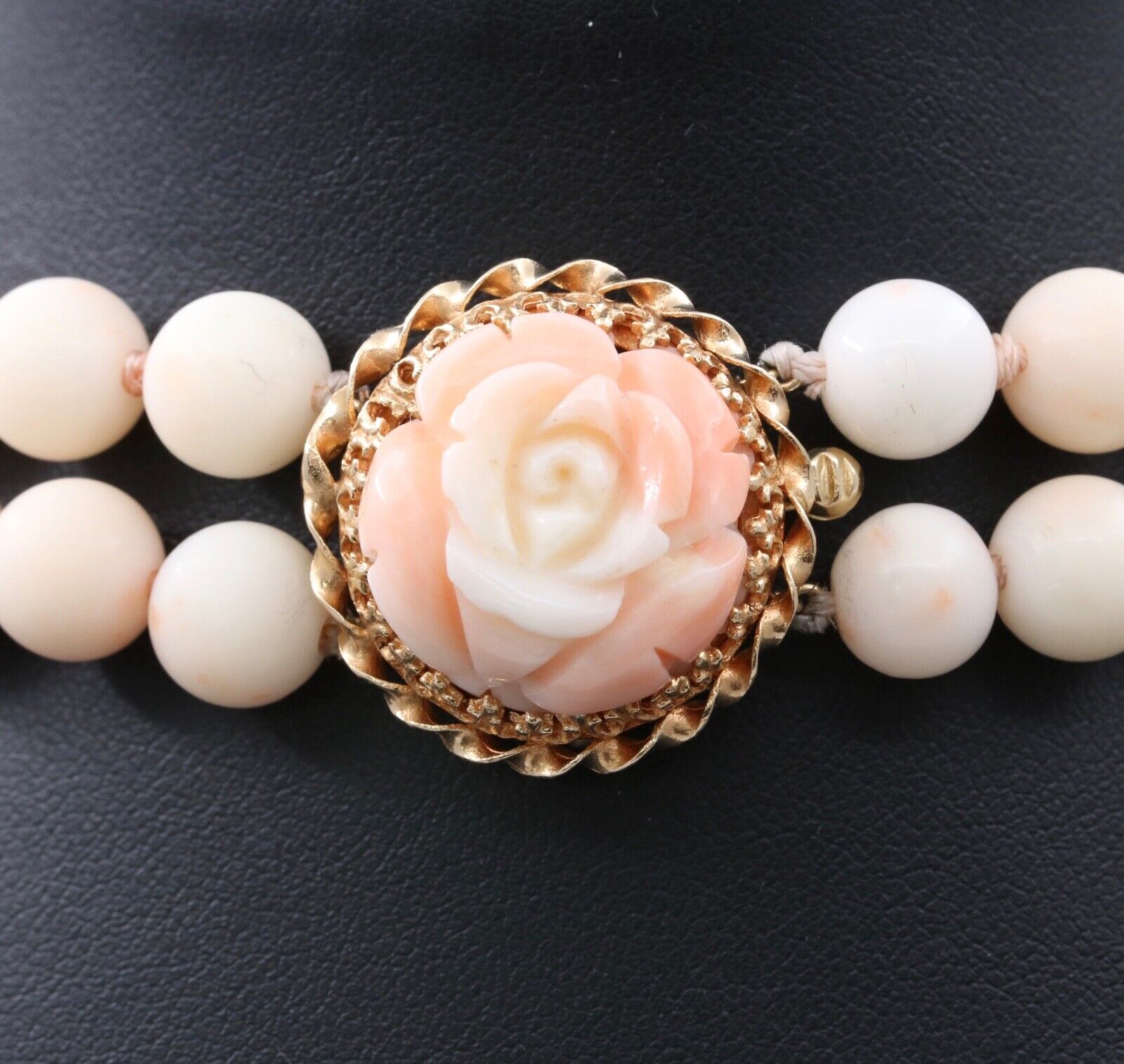 Vintage Angel Skin Coral Carved Flower 14K YG Necklace