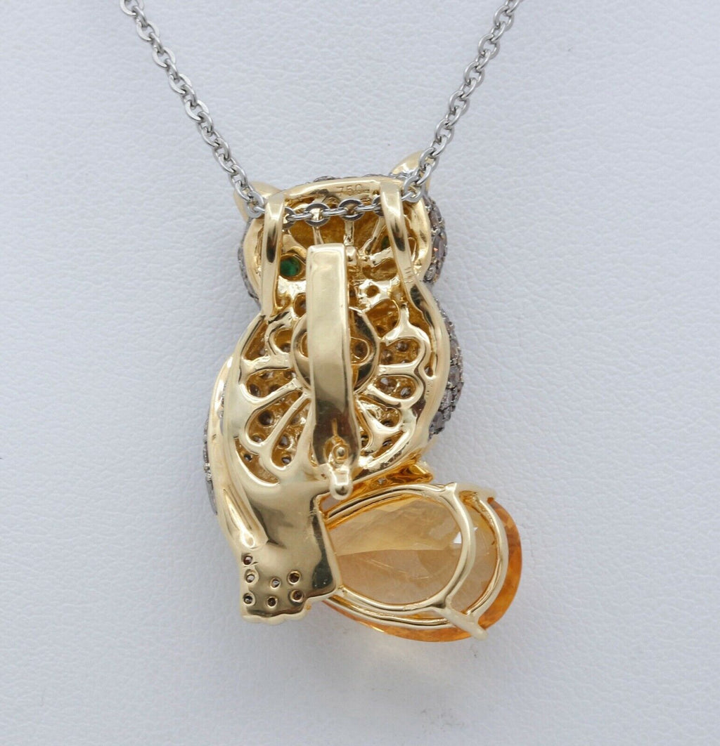Vintage Owl Pendant 18K Yellow White Gold Citrine Diamonds Emeralds