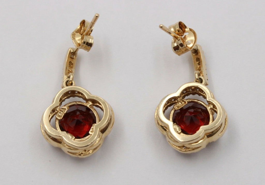Vintage 14K Yellow Gold Alhambra Style Diamond Garnet Drop Earrings