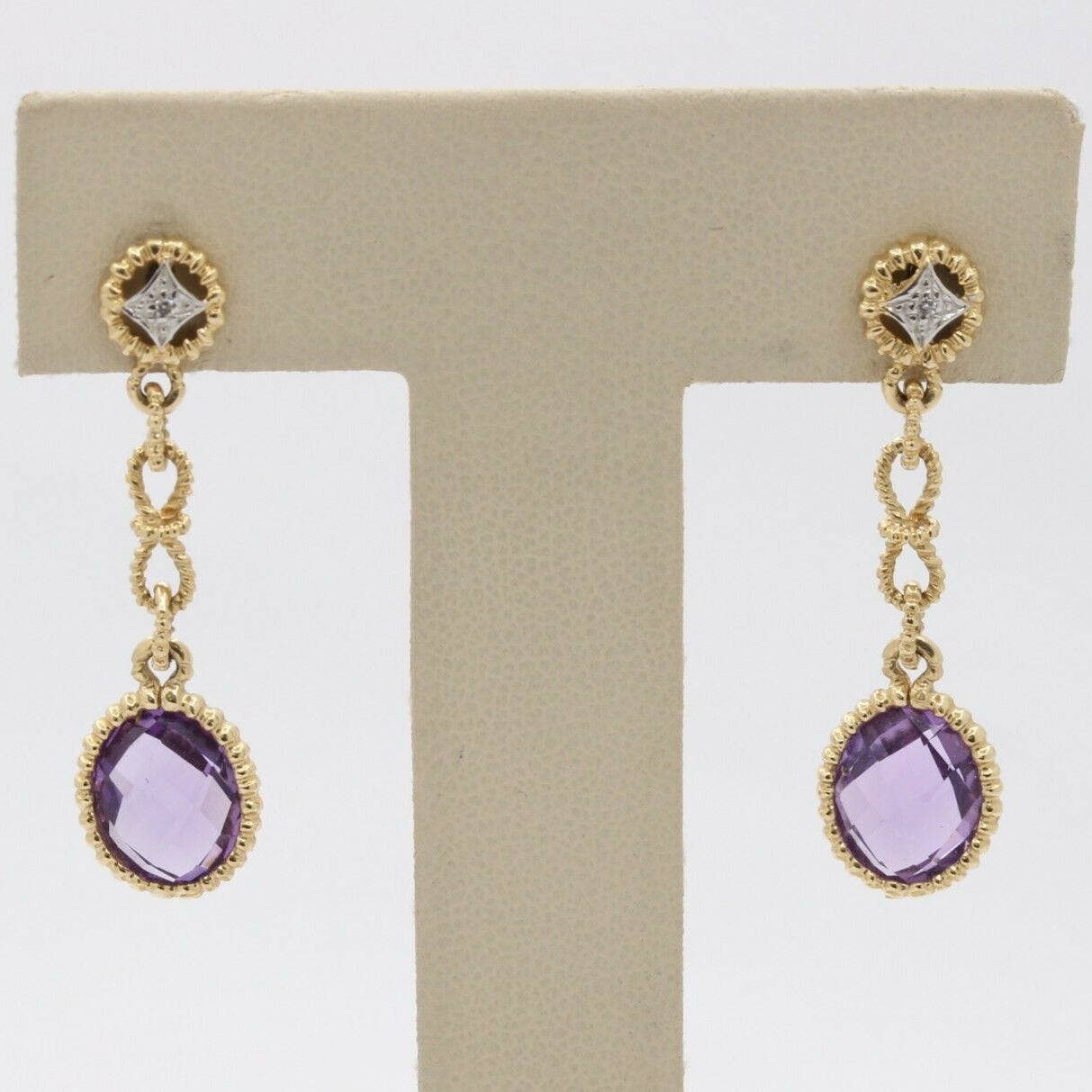 Vintage 14K Yellow Gold Hanging Amethyst Diamond Earrings