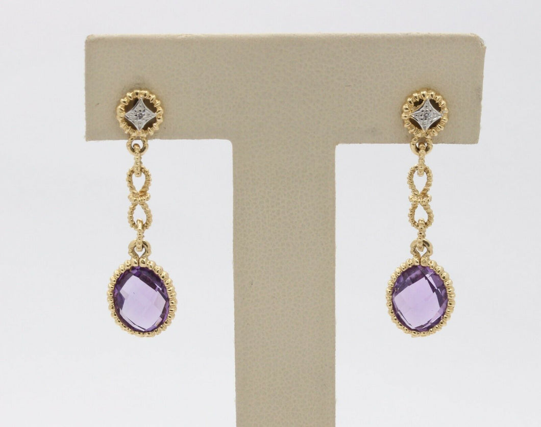 Vintage 14K Yellow Gold Hanging Amethyst Diamond Earrings