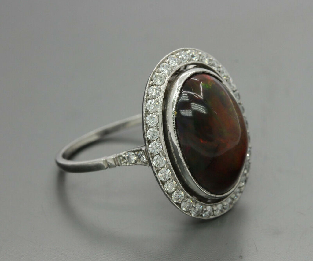 Vintage Platinum Black Australian Opal Diamond Cocktail Ring