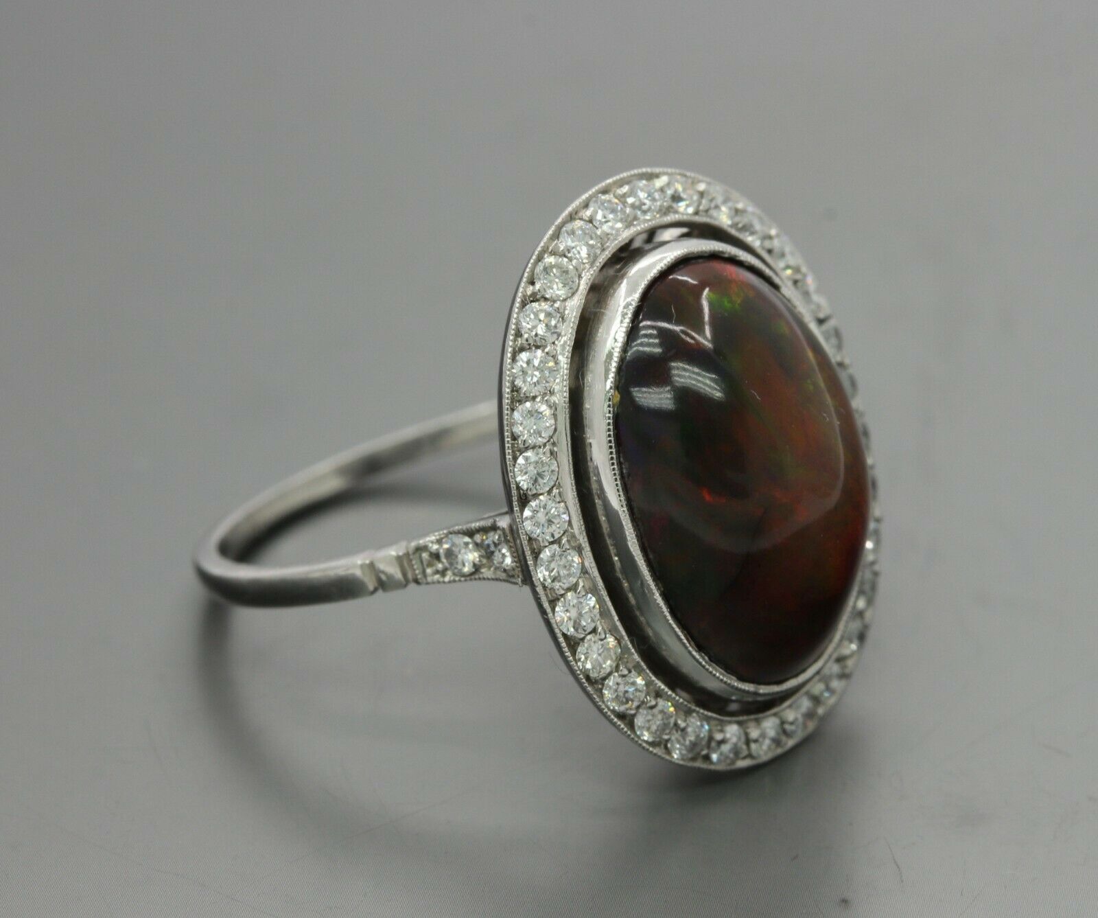 Vintage Platinum Black Australian Opal Diamond Cocktail Ring
