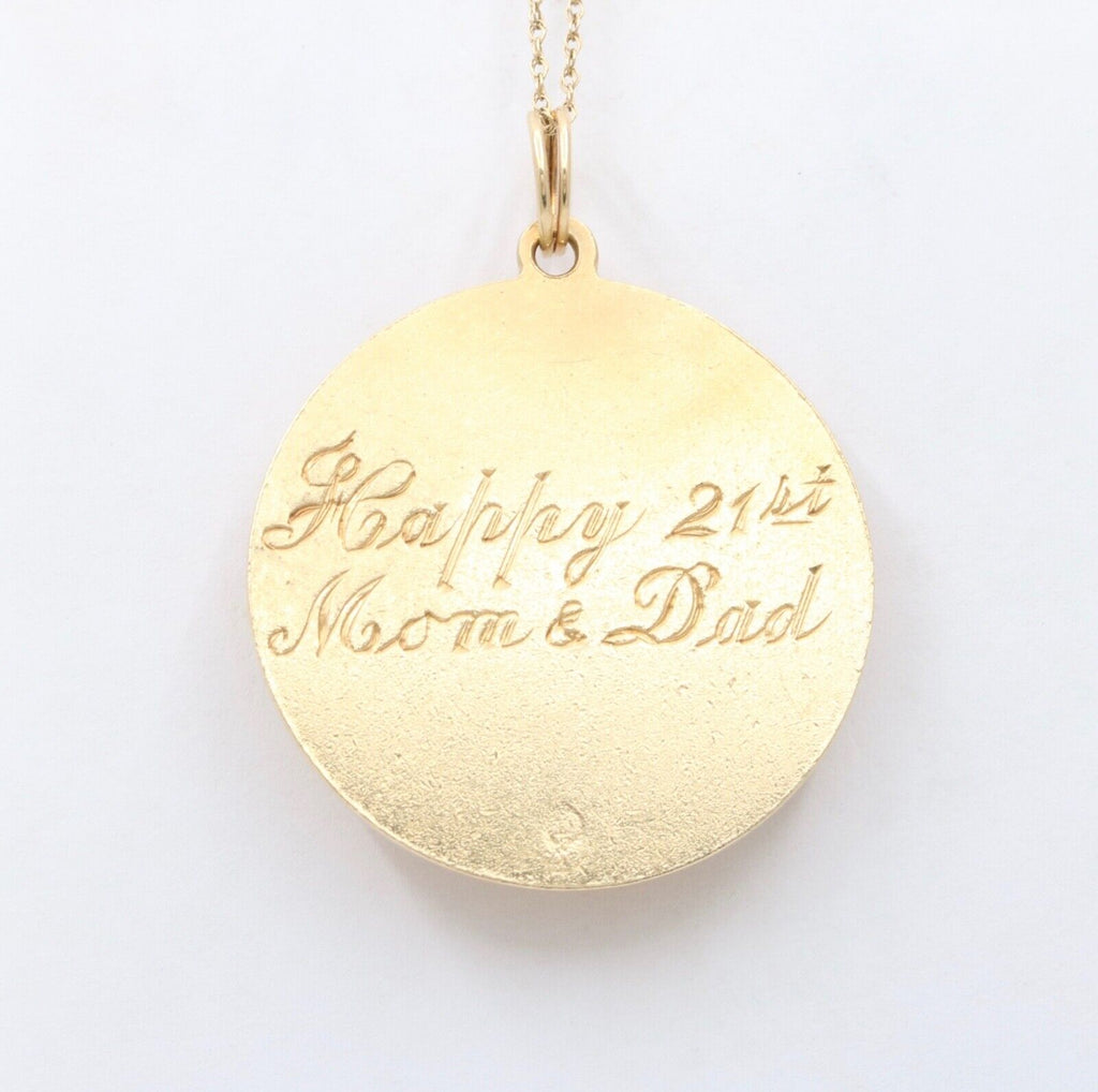 Vintage 14K Yellow Gold Happy Birthday Pendant Rubies Enamel