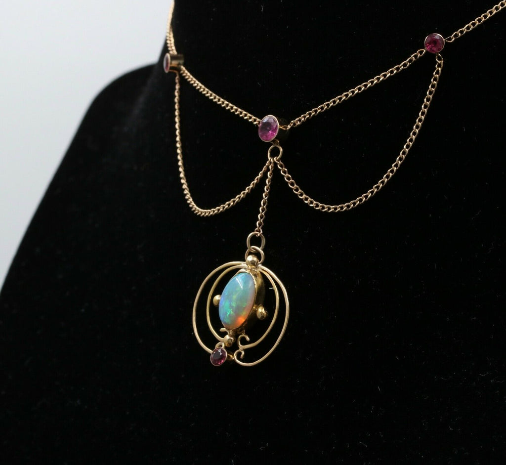 Art Nouveau 14K Yellow Gold Opal & Pink Tourmaline Festoon Necklace, Pendant.