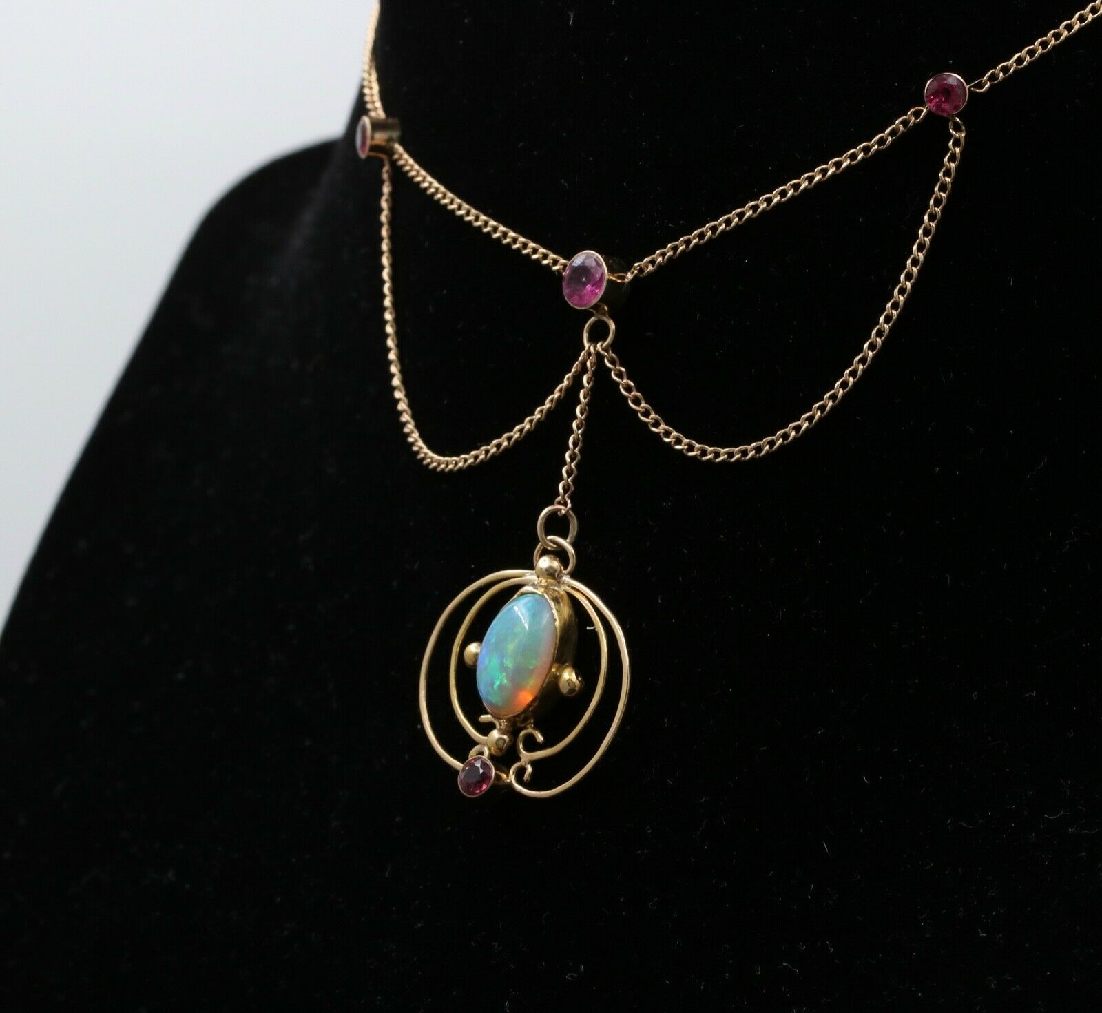 Art Nouveau 14K Yellow Gold Opal & Pink Tourmaline Festoon Necklace, Pendant.