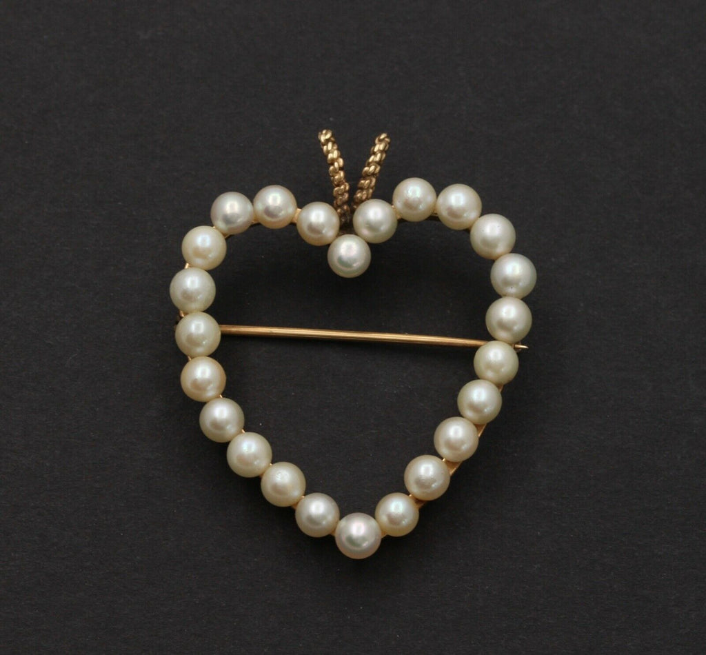 Vintage Heart 14K Yellow Gold Pearls Brooch Pendant