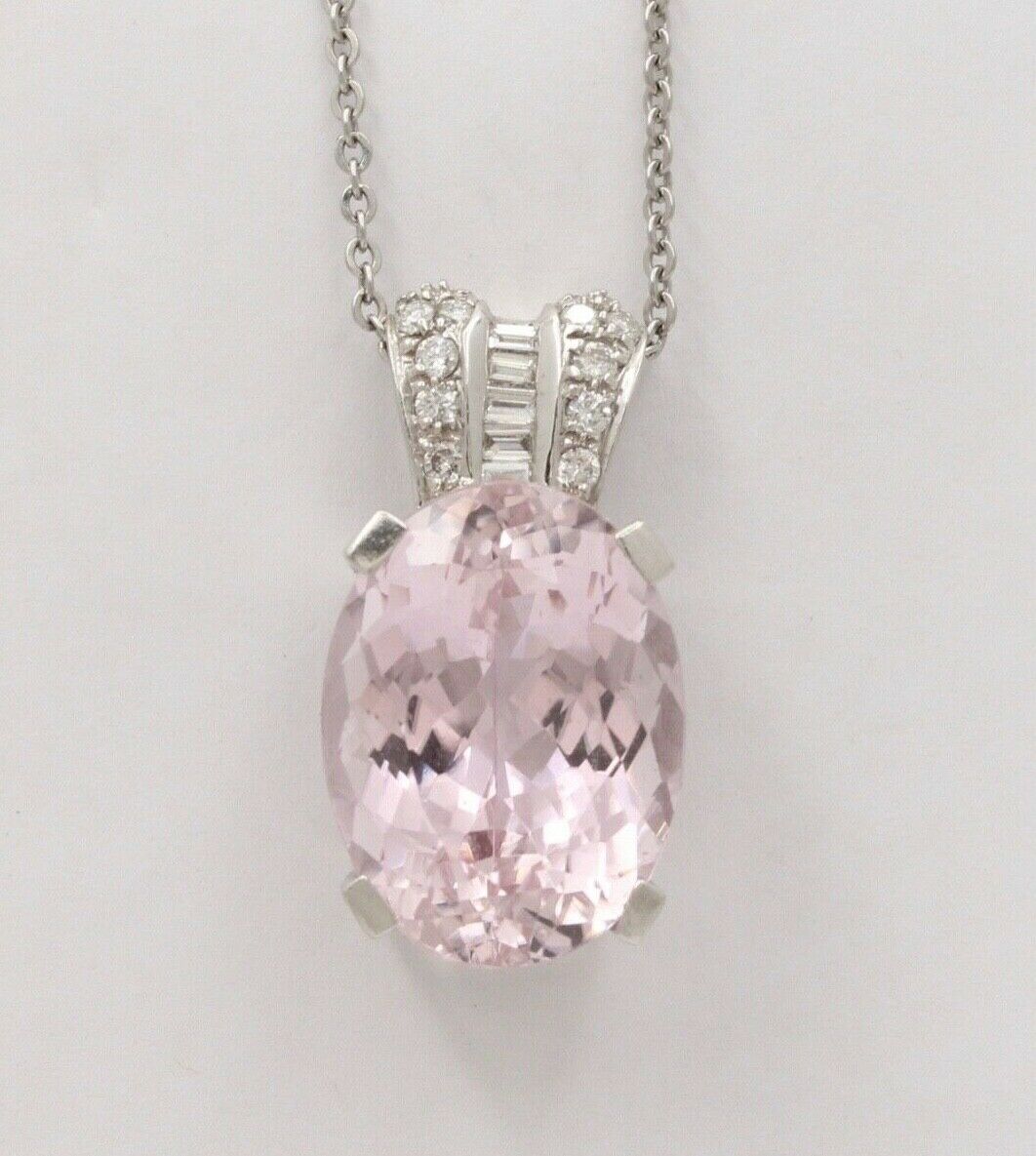 Vintage Pink Cushion Cut 23 carats Kunzite And Diamonds 14K White Gold Pendant