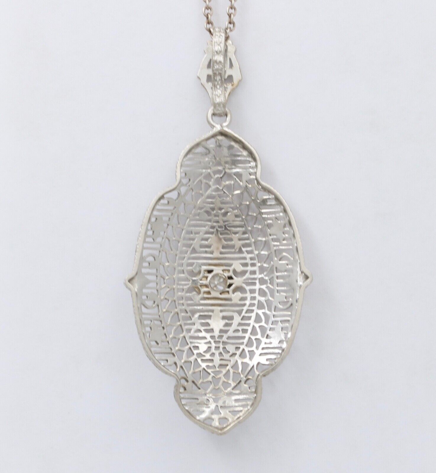 Art Deco 14K White Gold Filigree Diamond Pendant Necklace