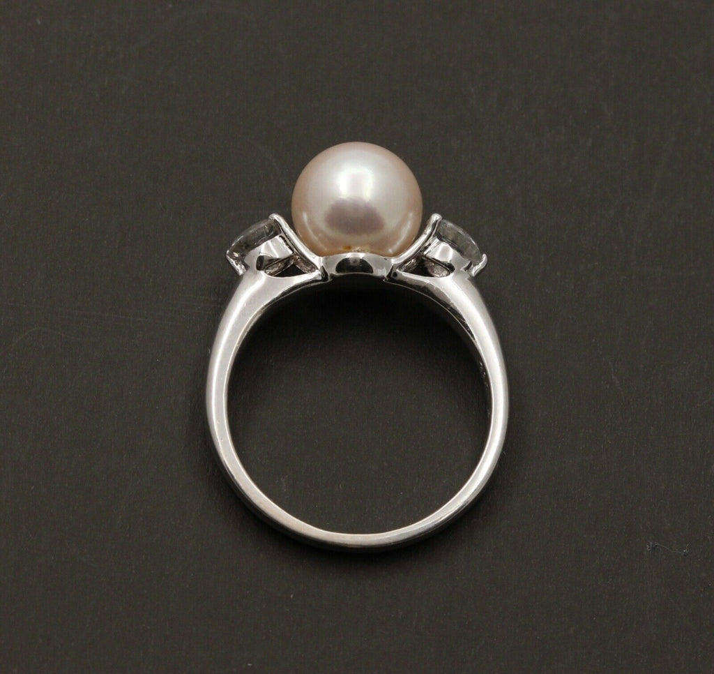Classic Vintage 18K White Gold Akoya Pearl Diamond Ring,