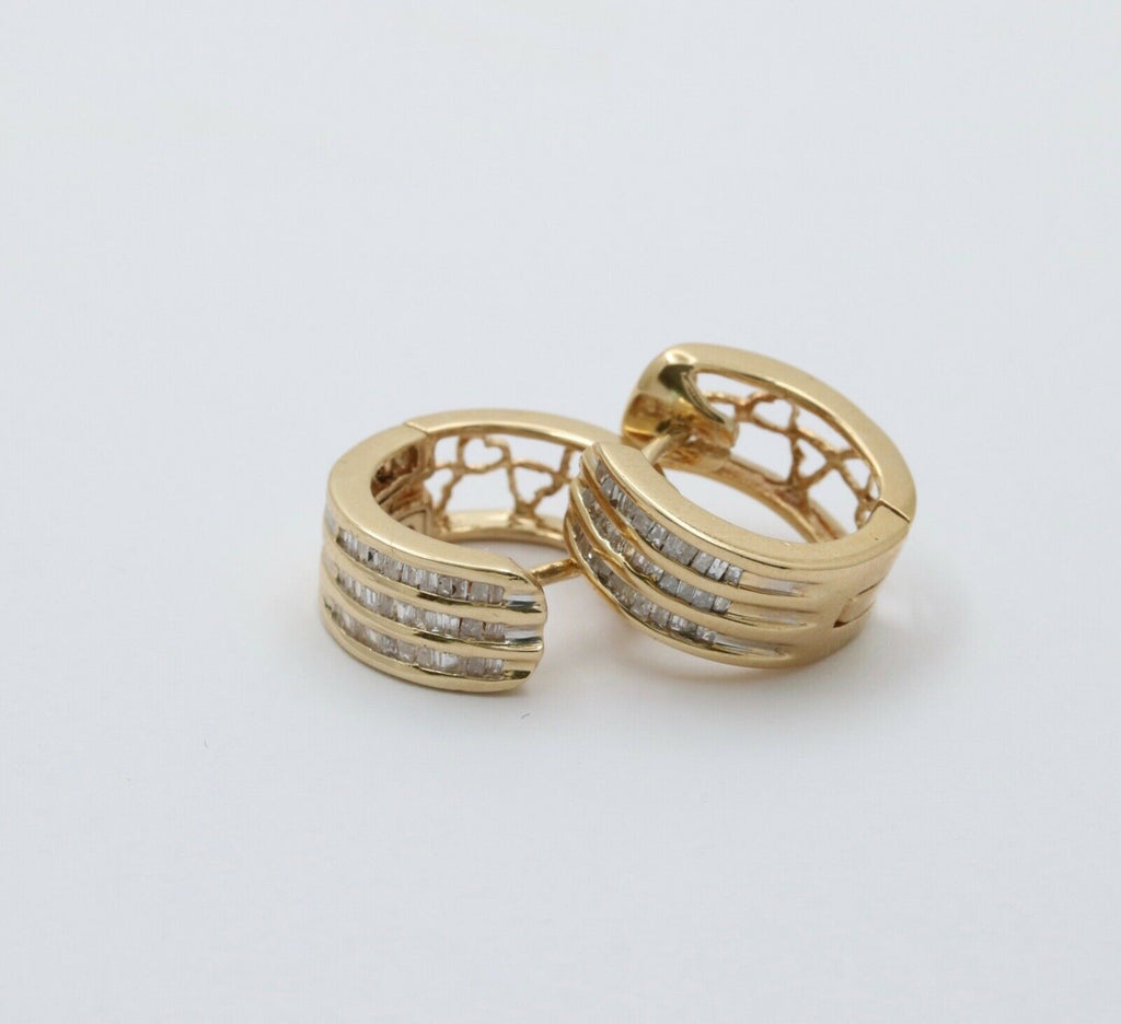 Vintage Hearts Diamonds 14K Yellow Gold Huggie Earrings