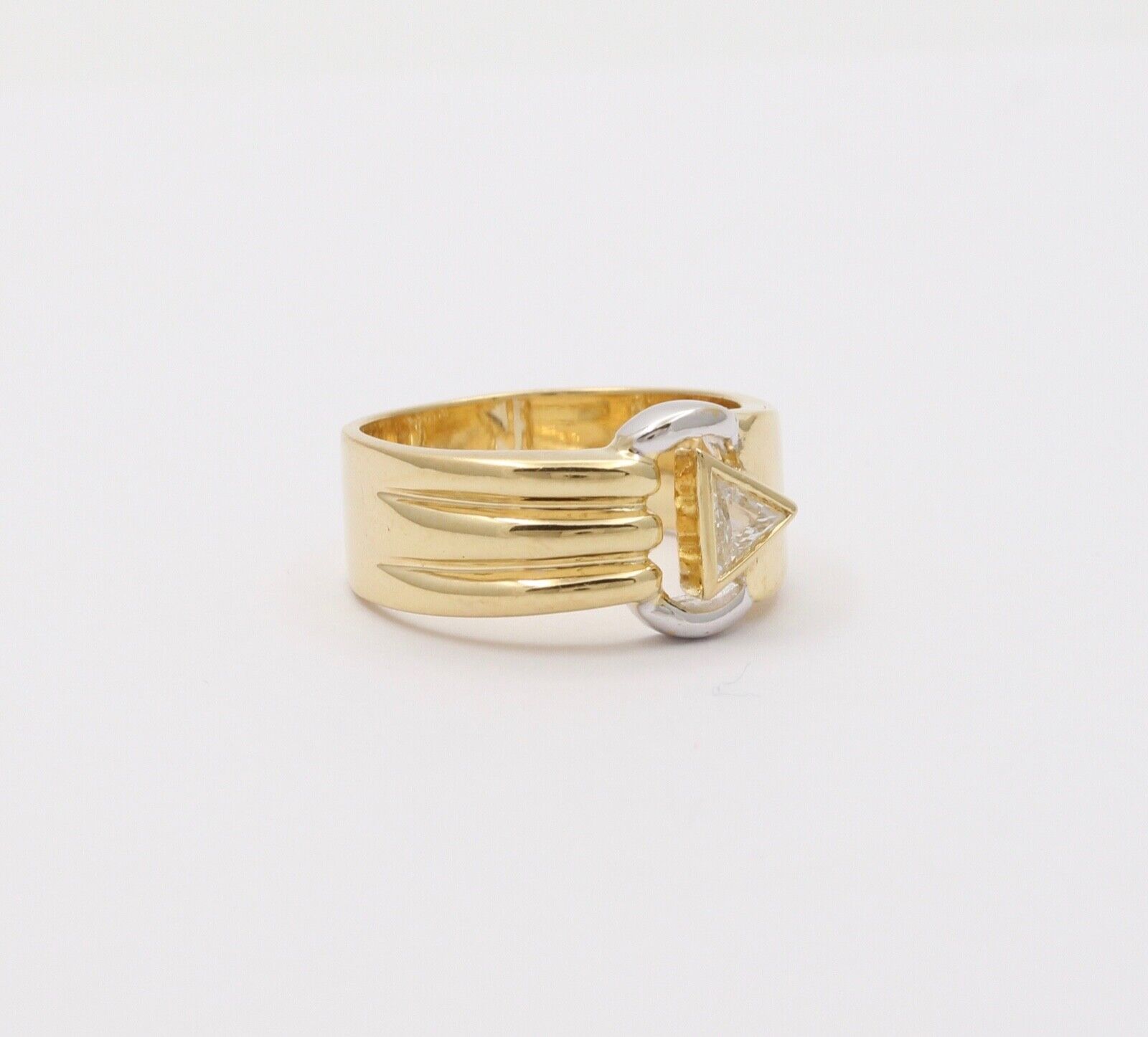 Vintage Geometric Trillion Cut Diamond 18K Yellow White Gold Ring