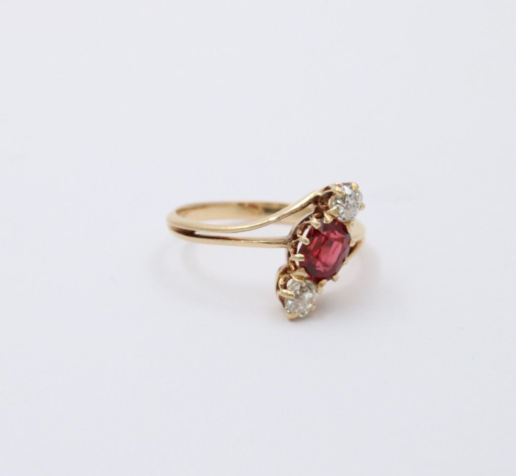 Antique 18K Yellow Gold Ruby And Diamond Bypass Three Stone Ring
