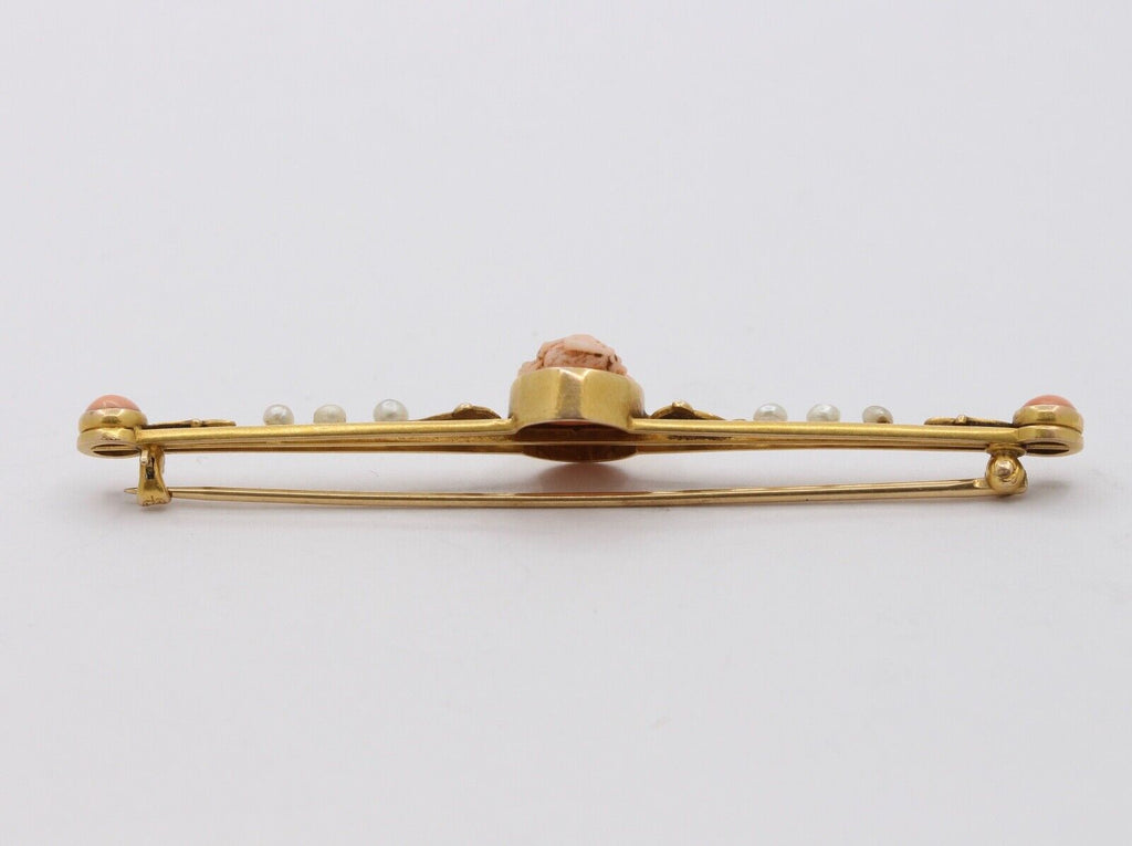 Antique Ladies 14K Yellow Gold Carved Coral Pearls Brooch Pin