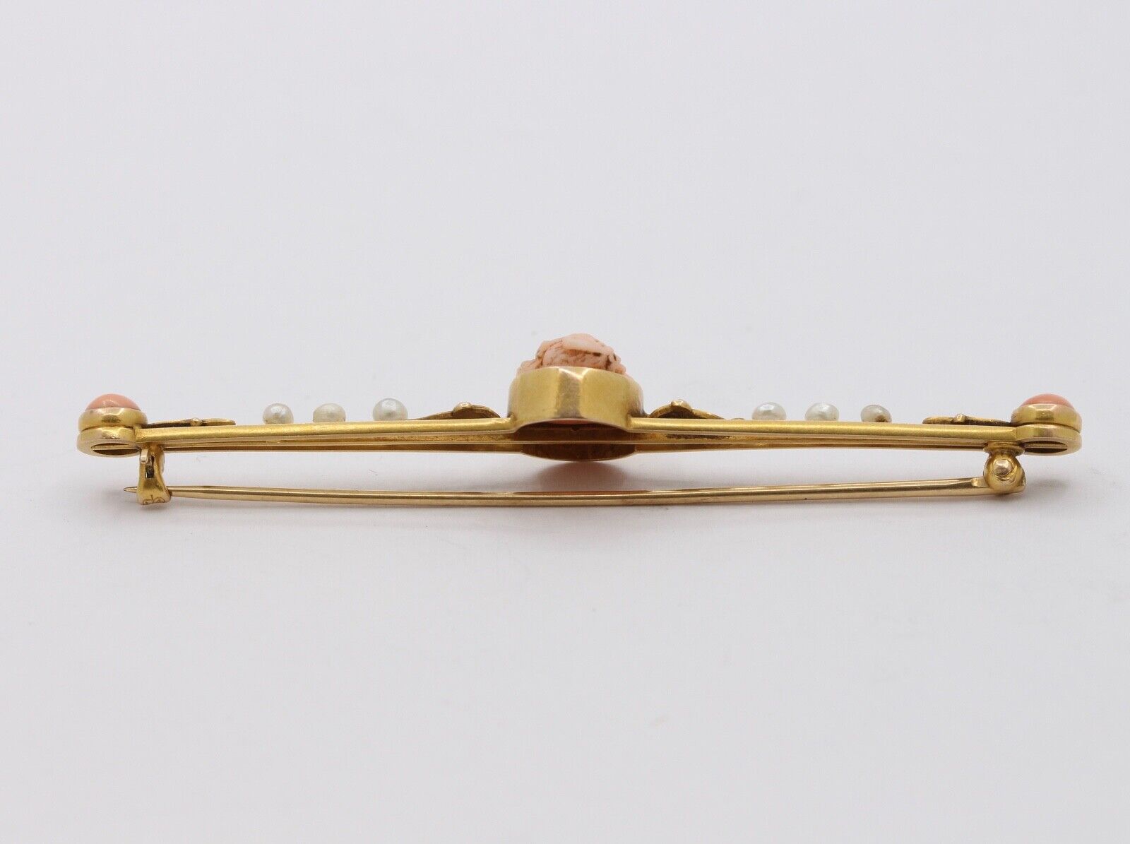 Antique Ladies 14K Yellow Gold Carved Coral Pearls Brooch Pin