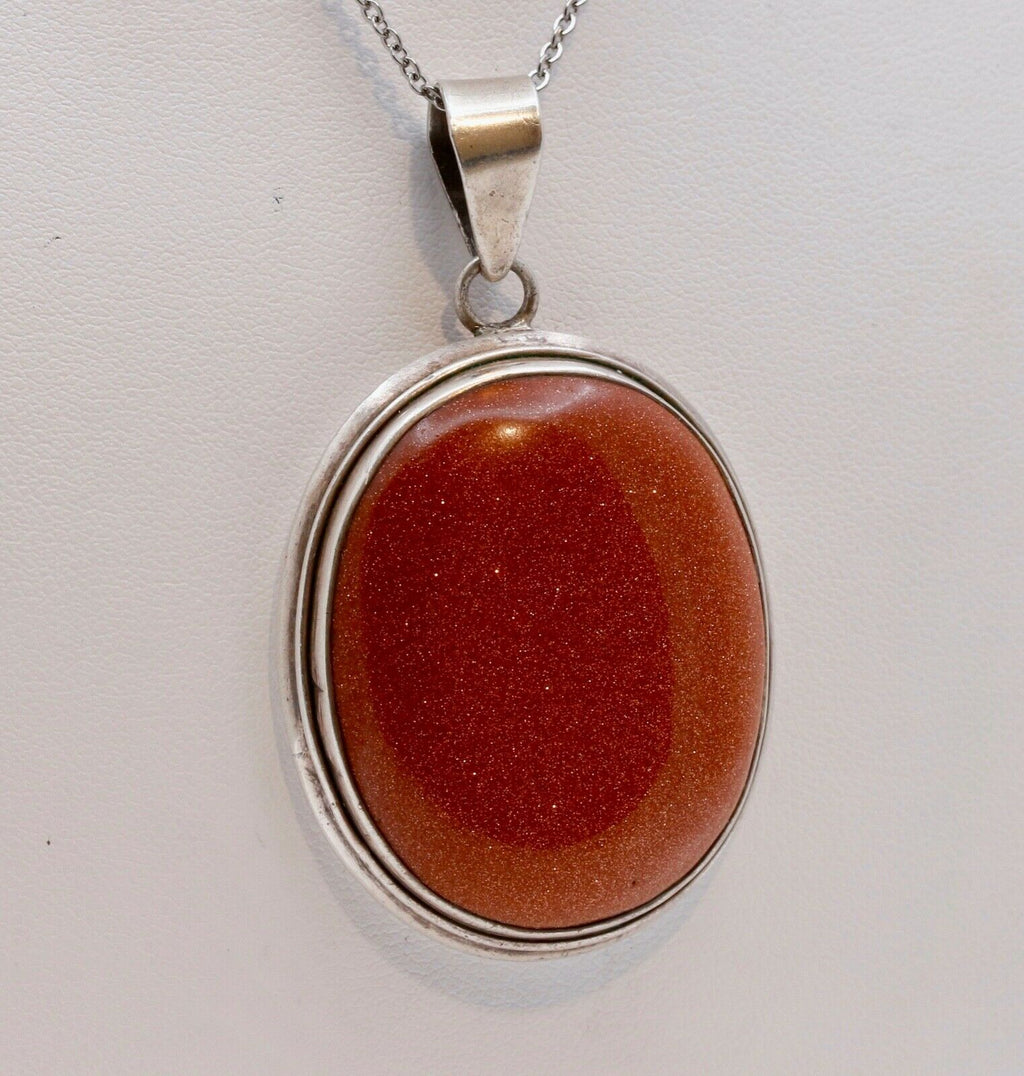 Huge Vintage Sterling Silver Goldstone Pendant