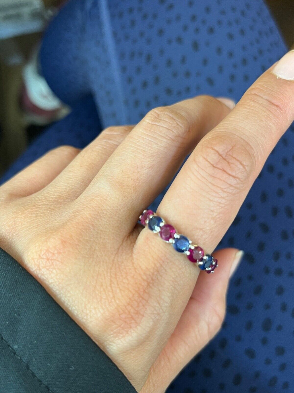 Vintage Sapphire & Ruby 14K Gold Eternity Ring, Stacking Band