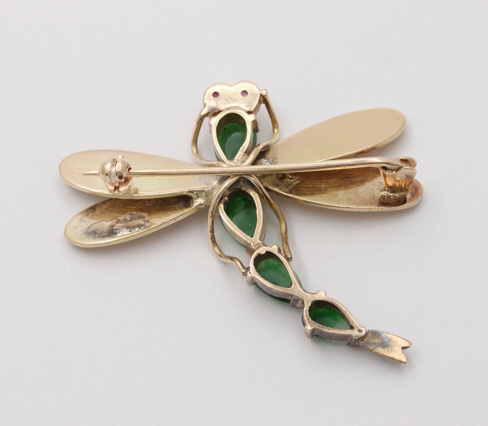 Vintage Dragonfly Jade Tourmalines 14K Yellow Gold Brooch Pin