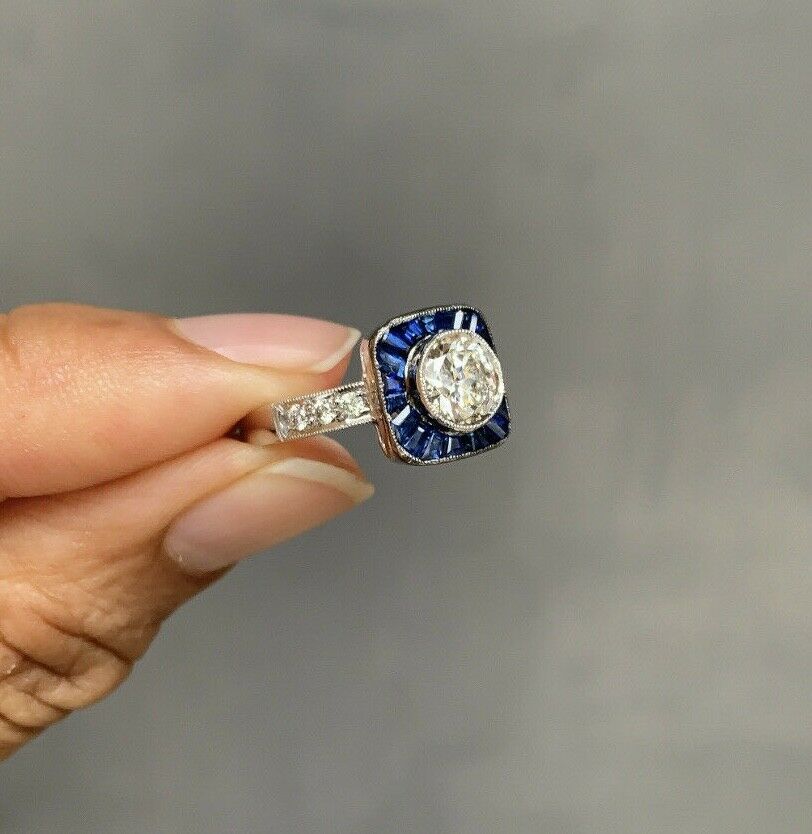 Vintage Art Deco Style 18K Gold Diamond & Sapphire Halo Ring, Engagement Ring.