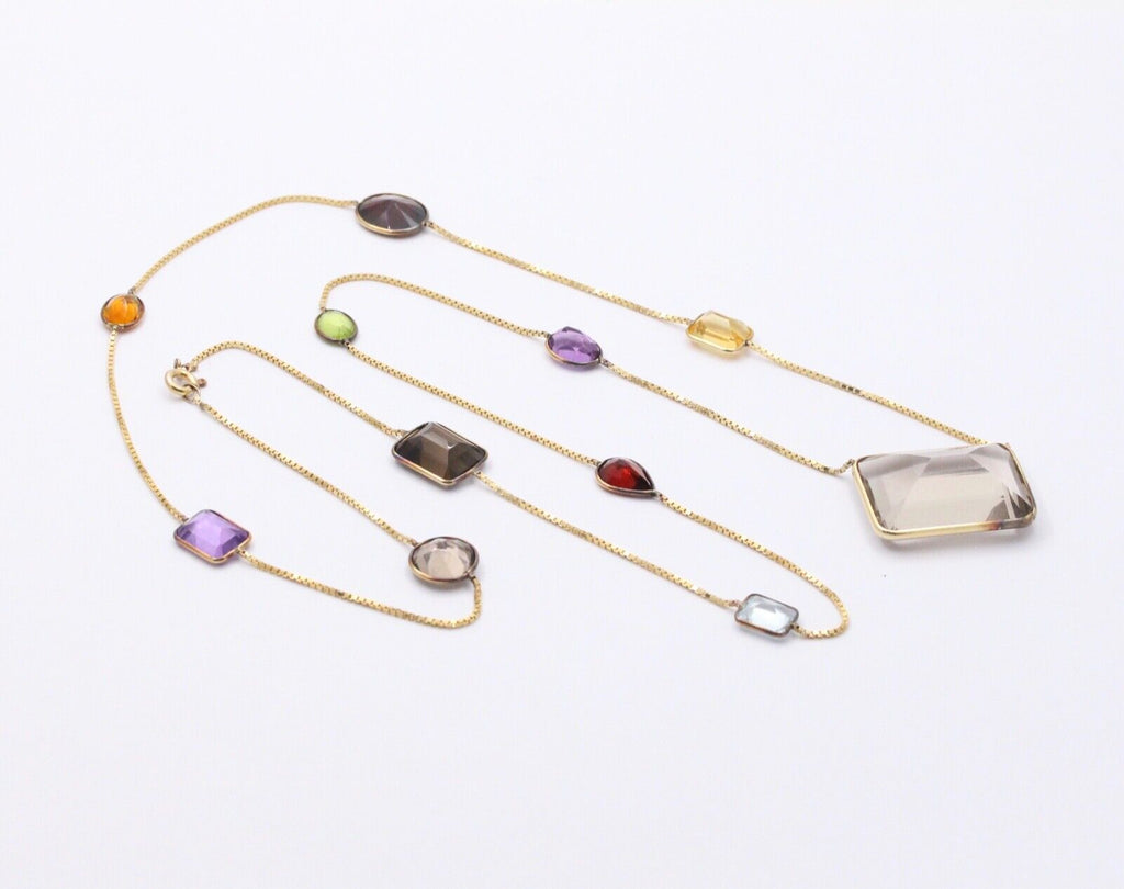 Vintage 14K Yellow Gold Smoky Quartz, Amethyst, Citrine,and Peridot Station Neck