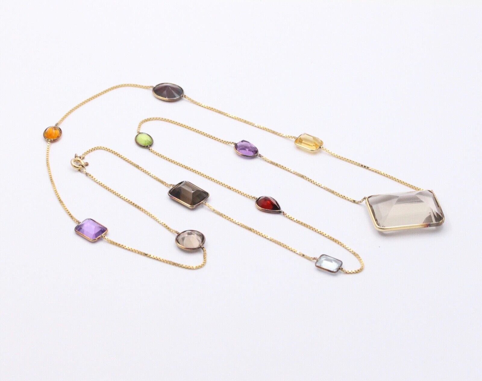 Vintage 14K Yellow Gold Smoky Quartz, Amethyst, Citrine,and Peridot Station Neck