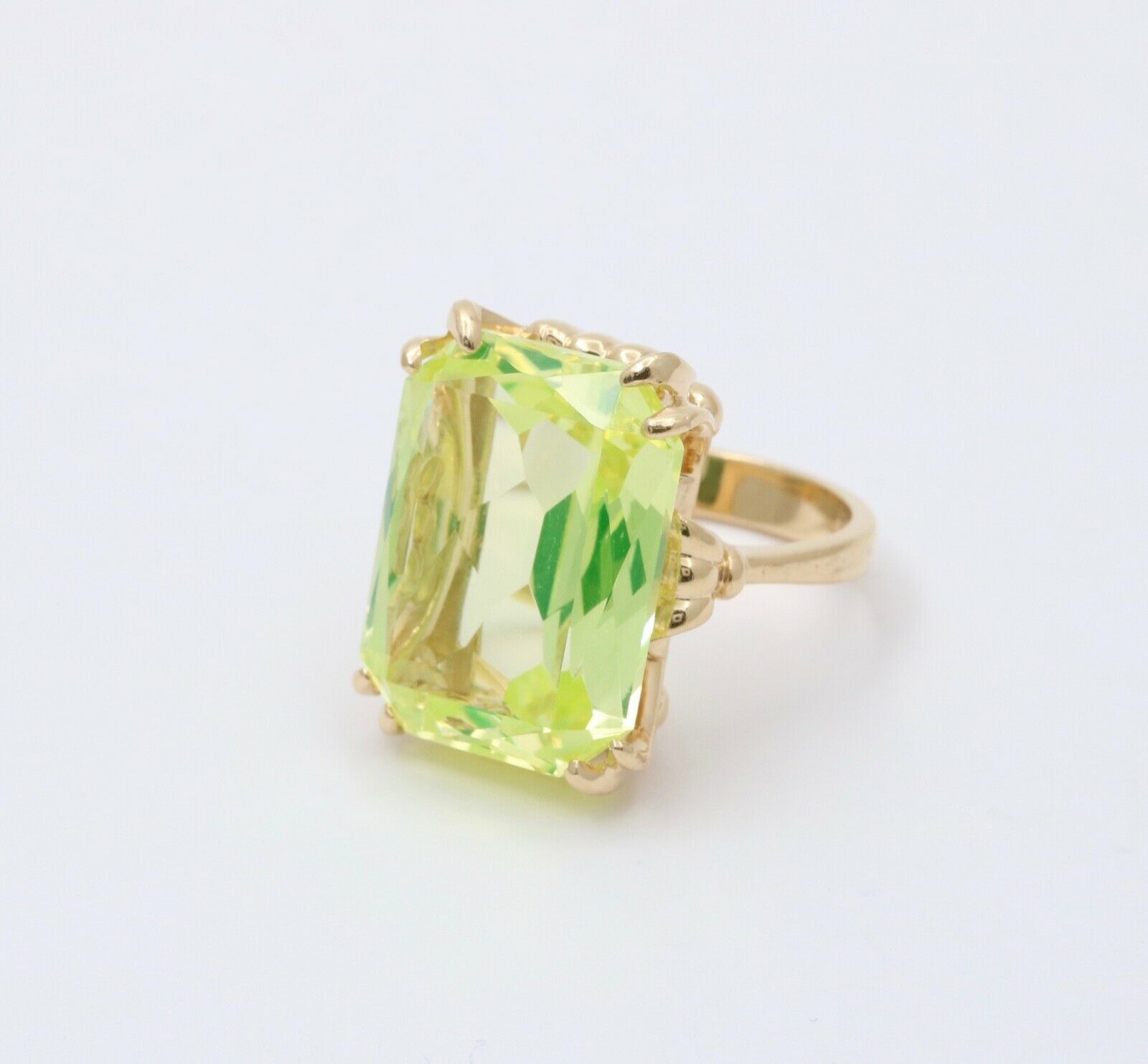 Vintage 14K Yellow Gold Uranium Glass Gem Rhinestones Ring, Vaseline Glass Ring