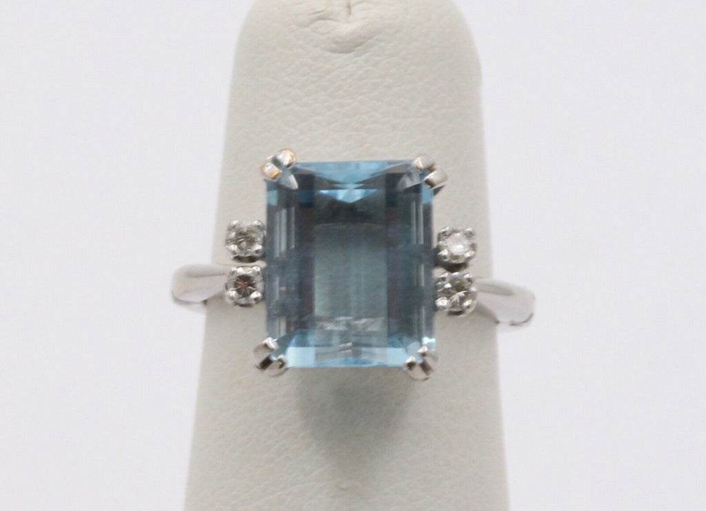 Vintage Natural Aquamarine Diamonds 14K White Gold Expandable Ring